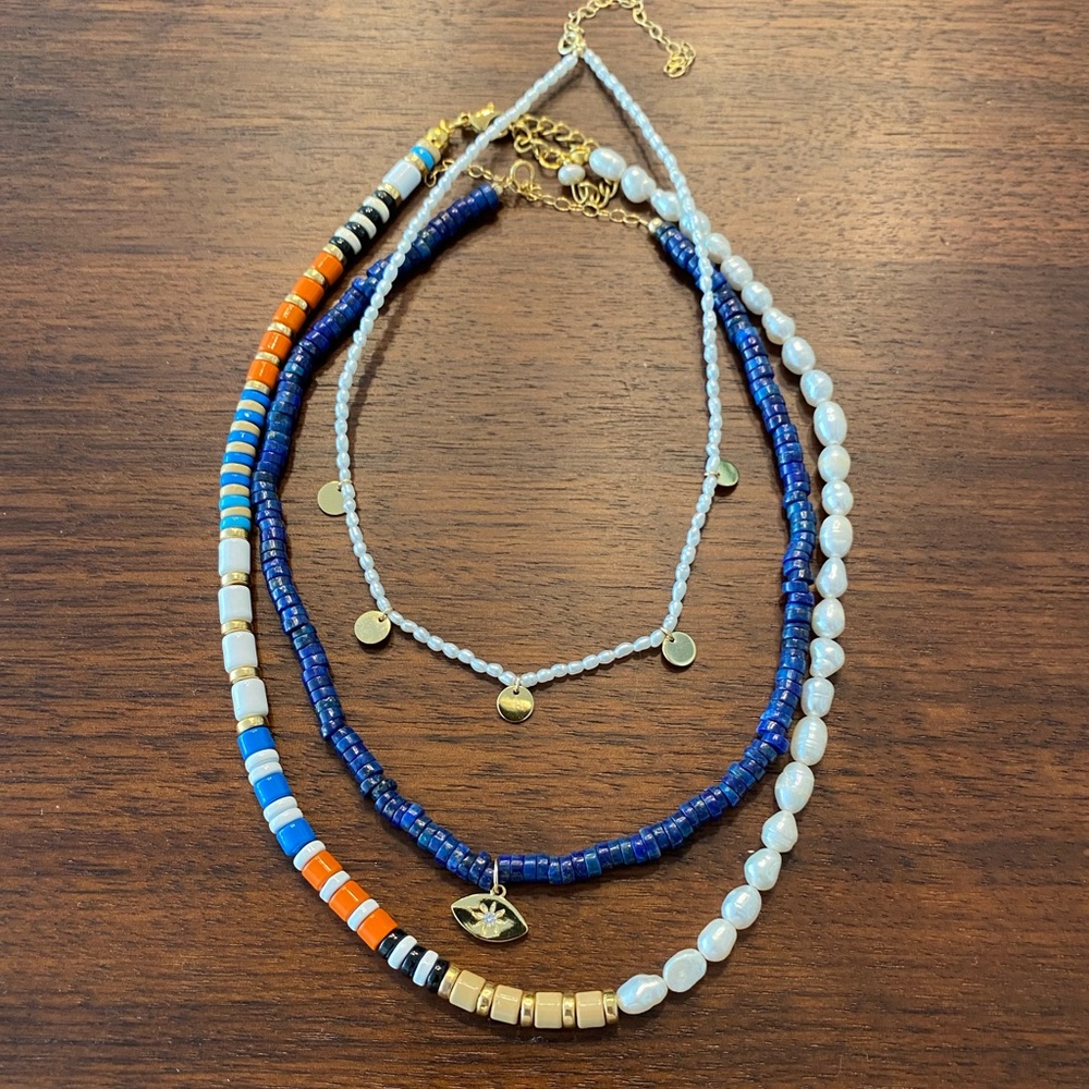 Blue lapis, pearl, and enamel bead necklace set